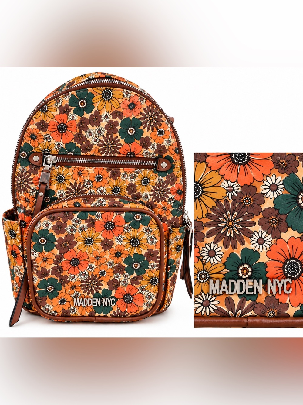Madden NYC Retro Floral Backpack Brown Orange Green Multi Pocket